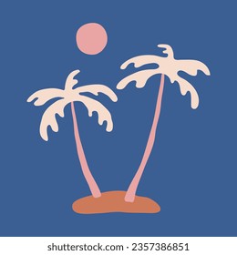 Hand Drawn Tropical Island Vector Illustration. Sunset on the Beach with Palm Trees and Sea. Beach Vibe.