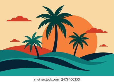 Hand Drawn Tropical Island Vector Illustration with Isolated Elements. Sunset on the Beach with Palm Trees and Calm Sea. Works Well on Posters, Cards