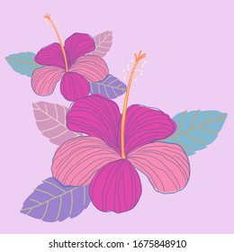 Hand drawn tropical jungle exotic hibiscus flower on white background. summer floral wallpaper.