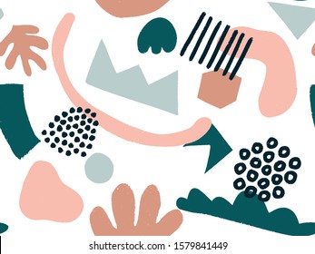 Hand drawn tropical jungle leaves and various shapes. Abstract contemporary seamless pattern. Modern patchwork illustration in vector