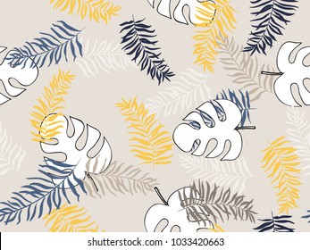 Hand Drawn  Tropical Leave Seamless Pattern.