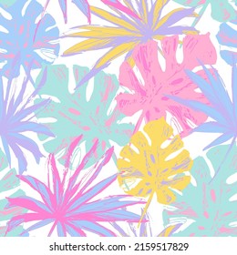 Hand drawn tropical leaves background in trendy pastel colors  Colorful palm leaf seamless pattern  Summer vector illustration for pop art paper  90s  80s style fabric design  swimwear  wallpaper