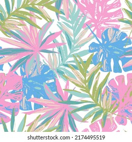 Hand drawn tropical leaves background. Colorful tropics jungle leaves seamless pattern. Summer vibe illustration. Botanical leaves for fabric design, social media post, story background. Vector art