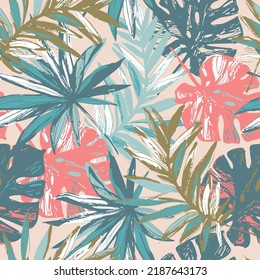 Hand drawn tropical leaves background. Colorful tropics jungle leaves seamless pattern. Summer vibe illustration. Botanical leaves for fabric design, social media post, story background. Vector art