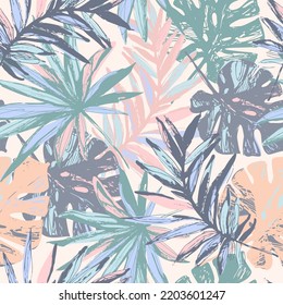 Hand drawn tropical leaves background. Tropics jungle leaves grunge sketch seamless pattern. Summer illustration. Botanical leaves for fabric design, social media post, story background. Vector art