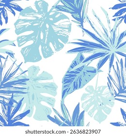 Hand drawn tropical leaves background in trendy pastel colors. Colorful palm leaf seamless pattern. Summer vector illustration for pop art paper, 90s, 80s style fabric design, swimwear, wallpaper