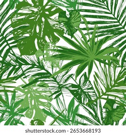 Hand drawn tropical leaves background in greenery colors. Green palm monstera leaf seamless pattern. Summer vector illustration for art paper, fabric design, swimwear, wallpaper