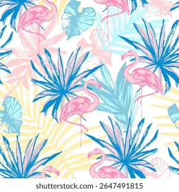 Folhas tropicais desenhadas à mão e fundo de pássaros flamingo. Abstrato palma monstera folha, padrão sem costura flamingo rosa. Ilustração vetorial de verão para papel de arte, design de tecido, maiô, papel de parede