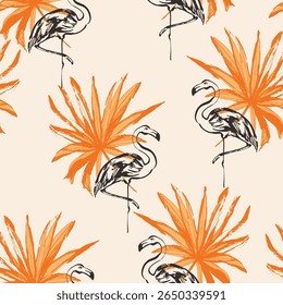 Folhas tropicais desenhadas à mão e fundo de pássaros flamingo. Abstrato palma monstera folha, padrão sem costura flamingo rosa. Ilustração vetorial de verão para papel de arte, design de tecido, maiô, papel de parede