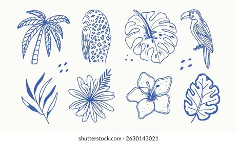 Hand drawn tropical leaves flowers and a wild animal illustration perfect for vibrant designs and nature themed projects