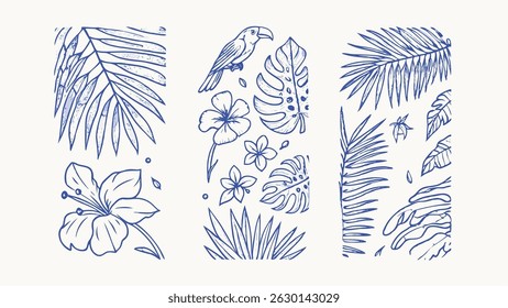 Hand Drawn Tropical Leaves Flowers and Wild Animals A Vibrant Vector Illustration