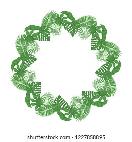 Hand drawn tropical leaves frame. Palm, aralia, monstera leaf border for invitation card. Vector isolated illustration.