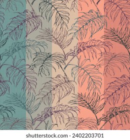 Hand drawn tropical leaves pattern with texture stripe background