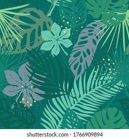 Hand drawn tropical leaves seamless pattern. Tropical leaf silhouette elements background. Fan palm, monstera and banana leaves in retro style. Vector illustration.
