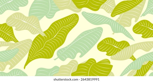 Hand drawn tropical and leaves, seamless patterns with floral for fabric, textiles, clothing, packaging, cover, poster, interior decor, abstract natural backgrounds. Vector illustration