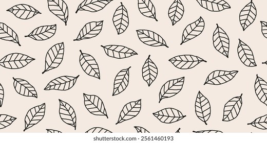 Hand drawn tropical leaves tree falling seamless pattern, line art leaf abstract  background.