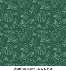 Hand drawn tropical leaves. Vector seamless pattern of jungle line leaves, flowers, palm and monstera leaf. Nature floral background for wrapping paper, print, web, summer botanical banner
