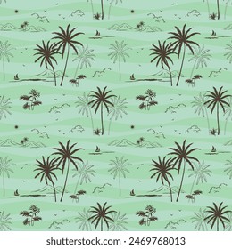 Patrón sin costuras de playa de palma tropical dibujado a mano para decorativo, tela, textil, impresión de camisa hawaiana, ropa, envoltura o Fondo de pantalla, Ilustración vectorial