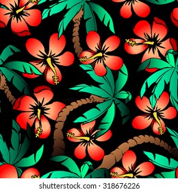 Hand drawn tropical palm and hibiscus seamless pattern.