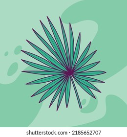 Hand drawn tropical palm leaf on spotted bright green background