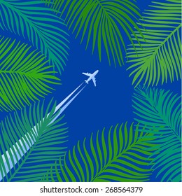 Hand drawn tropical palm leaves on blue background. Vector background.