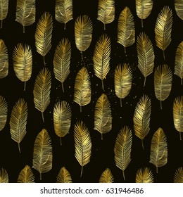 Hand drawn tropical palm leaves. Golden palm leaves on black background. Seamless pattern background.