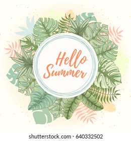 Hand drawn tropical palm leaves card. Summer vector illustration of areca palm, banana leaves, monstera, fan palm can be used as invitation, postcard, menu, flyer banner or website decoration.
