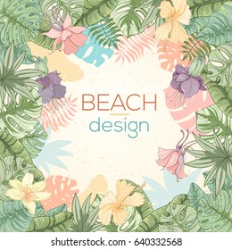 Hand drawn tropical palm leaves card. Summer vector illustration of areca palm, banana leaves, monstera, fan palm can be used as invitation, postcard, menu, flyer banner or website decoration.