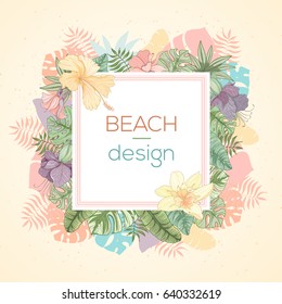 Hand drawn tropical palm leaves card. Summer vector illustration of areca palm, banana leaves, monstera, fan palm can be used as invitation, postcard, menu, flyer banner or website decoration.