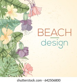 Hand drawn tropical palm leaves card. Summer vector illustration of areca palm, banana leaves, monstera, fan palm can be used as invitation, postcard, menu, flyer banner or website decoration.