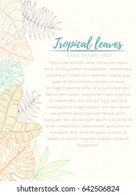 Hand drawn tropical palm leaves card. Summer vector illustration of areca palm, banana leaves, monstera, fan palm can be used as invitation, postcard, menu, flyer banner or website decoration.