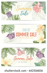 Hand drawn tropical palm leaves sale banner set. Summer vector illustration of areca palm, banana leaves, monstera, fan palm can be used as invitation, postcard, flyer banner or website decoration.