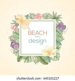 Hand drawn tropical palm leaves card. Summer vector illustration of areca palm, banana leaves, monstera, fan palm can be used as invitation, postcard, menu, flyer banner or website decoration.