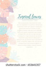 Hand drawn tropical palm leaves card. Summer vector illustration of areca palm, banana leaves, monstera, fan palm can be used as invitation, postcard, menu, flyer banner or website decoration.