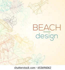 Hand drawn tropical palm leaves card. Summer vector illustration of areca palm, banana leaves, monstera, fan palm can be used as invitation, postcard, menu, flyer banner or website decoration.