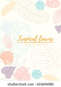 Hand drawn tropical palm leaves card. Summer vector illustration of areca palm, banana leaves, monstera, fan palm can be used as invitation, postcard, menu, flyer banner or website decoration.