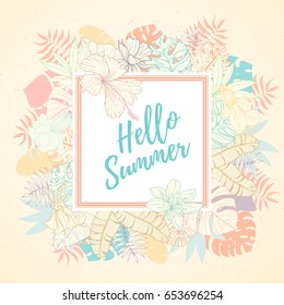 Hand drawn tropical palm leaves card. Summer vector illustration of areca palm, banana leaves, monstera, fan palm can be used as invitation, postcard, menu, flyer banner or website decoration.