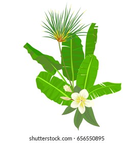 Hand drawn tropical palm leaves composition with jungle exotic flower on white background Botanical vector illustration. Fashion textile print, summer floral wallpaper. Vector illustration,