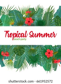 Hand drawn tropical palm leaves and jungle exotic flower flyer template on white background with seamless frame border. Banner, poster, flyer, card, postcard, cover. Vector illustration