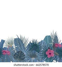 Hand drawn tropical palm leaves and jungle exotic flower template on white background with seamless border and place for your text. Banner, poster, flyer, card, postcard, cover. Vector illustration