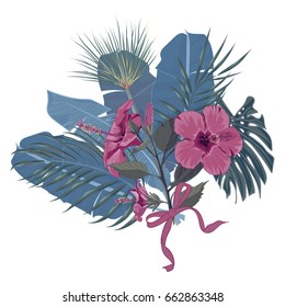 Hand drawn tropical palm leaves and jungle exotic flower holiday template on white background with place for your text. Banner, poster, flyer, card, postcard, cover. Vector illustration