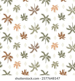 Hand drawn tropical palm tree seamless pattern. Green and brown coconut palms, geometric shapes. Vector summer vacation print, safari jungle textile design, botanical wallpaper, cute jungle background