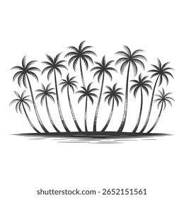 Desenhado à mão Tropical Palm Tree Grove Silhueta Monocromática Estilo Vintage Serene Island Escape Illustration
