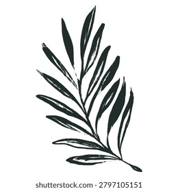 Hand Drawn Tropical Palm Tree Leaf with Grunge Charcoal Texture. Vector illustration of botanical monochrome branch with rough brush lines. Jungle exotic foliage with bulky ink outlines. Wild leaves