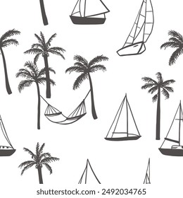 Hand drawn tropical palm trees and sailboats seamless pattern