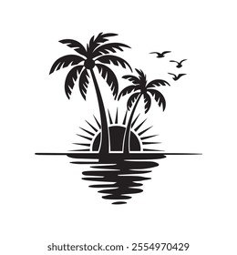 Hand Drawn Tropical Palm Trees and Sun Reflection Serene Island Getaway vector Illustration on white background 