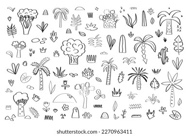 Palmeras tropicales dibujadas a mano y hoja, silueta de línea negra plantas exóticas hawaii natura, engravante vectorial paisaje de playa conjunto