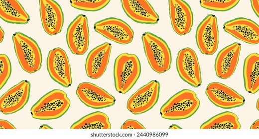 Hand drawn Tropical Papaya in modern artist painting style. Vector illustration. Seamless pattern with summer exotic fruit. Unique print for wrapping paper, fabric print, wallpaper, card, banner.