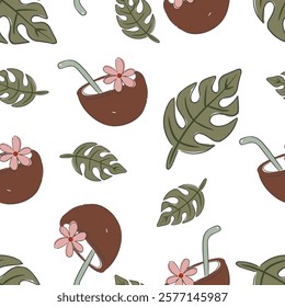 Hand drawn tropical pattern coconuts and tropical leaves with flowers on a white background vector illustration