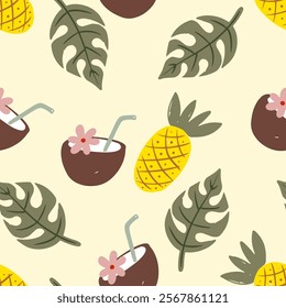 Hand drawn tropical pattern featuring pineapples, coconut drinks, and lush leaves in warm colors vector illustration